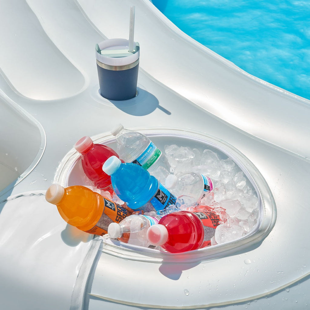 FLOAVI inflatable sofa pool built-in cooler and cup holders with drinks